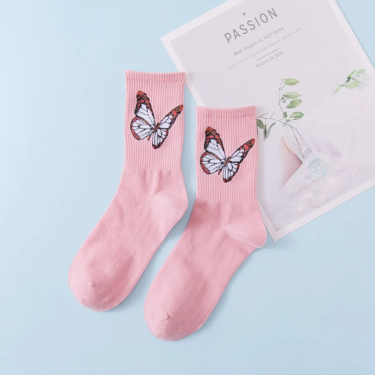 Women'S Japanese Style Butterfly Cotton Crew Socks A Pair