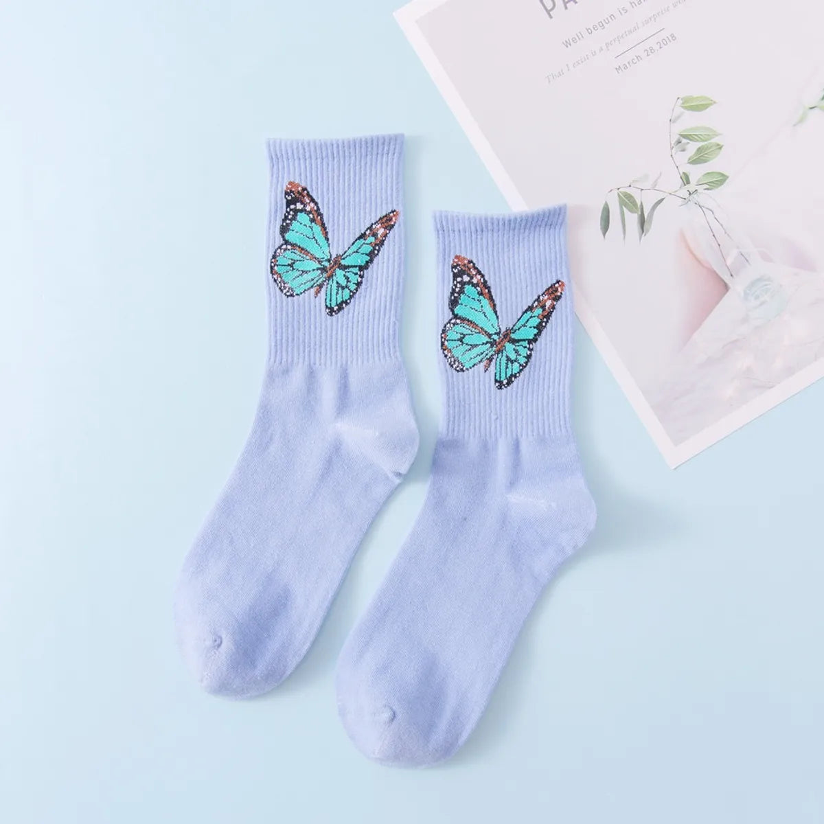 Women'S Japanese Style Butterfly Cotton Crew Socks A Pair