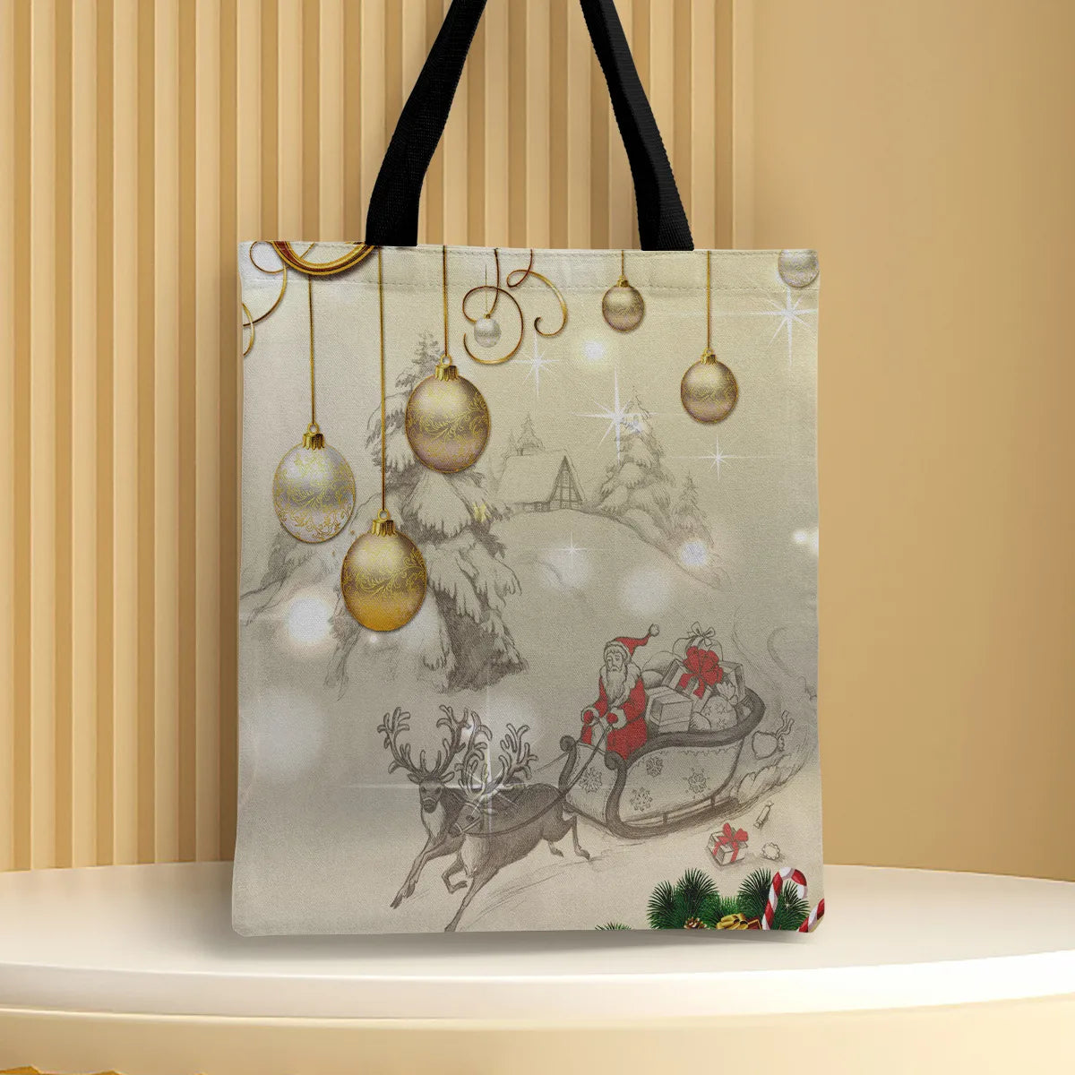 Women'S Medium Canvas Christmas Tree Santa Claus Letter Cute Square Open Canvas Bag Handbag