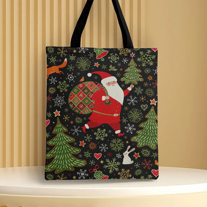 Women'S Medium Canvas Christmas Tree Santa Claus Letter Cute Square Open Canvas Bag Handbag