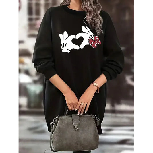 Women'S Regular Dress Casual Round Neck Long Sleeve Cartoon Heart Shape Bow Knot Knee-Length Daily