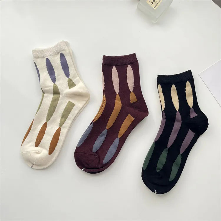 Women'S Retro Color Block Cotton Crew Socks A Pair