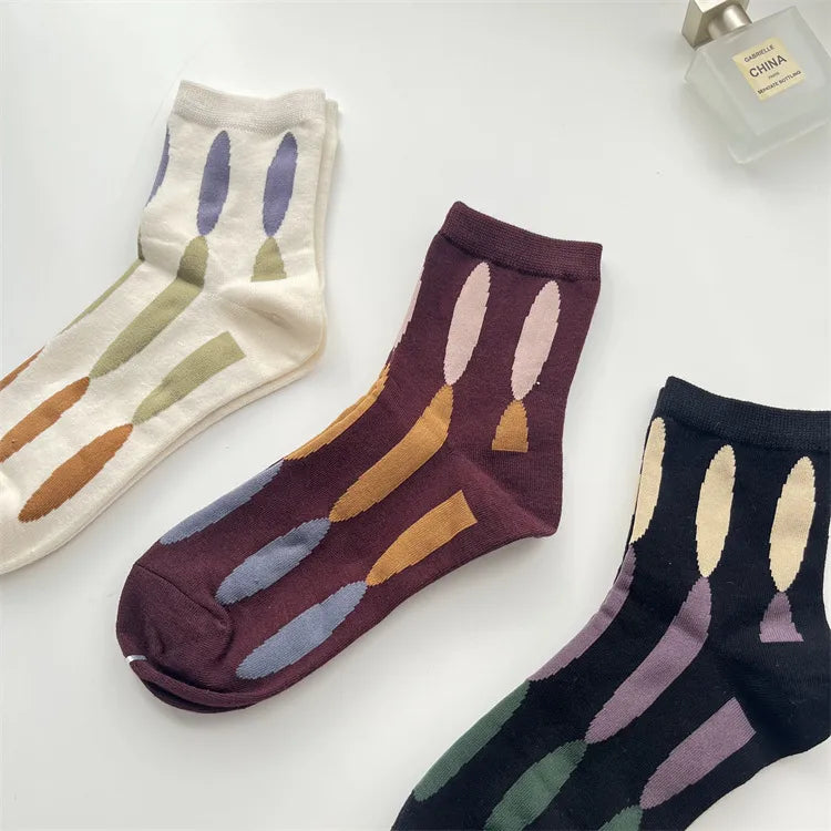 Women'S Retro Color Block Cotton Crew Socks A Pair