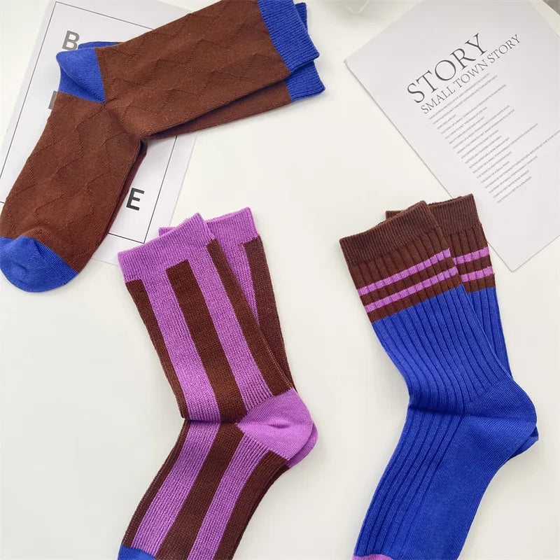 Women'S Retro Color Block Cotton Crew Socks A Pair