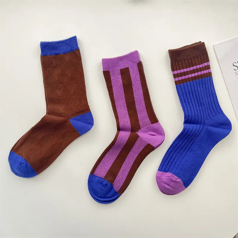 Women'S Retro Color Block Cotton Crew Socks A Pair