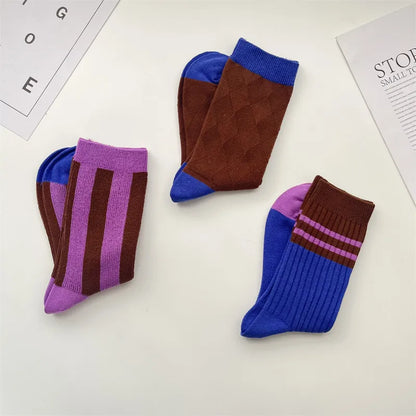 Women'S Retro Color Block Cotton Crew Socks A Pair