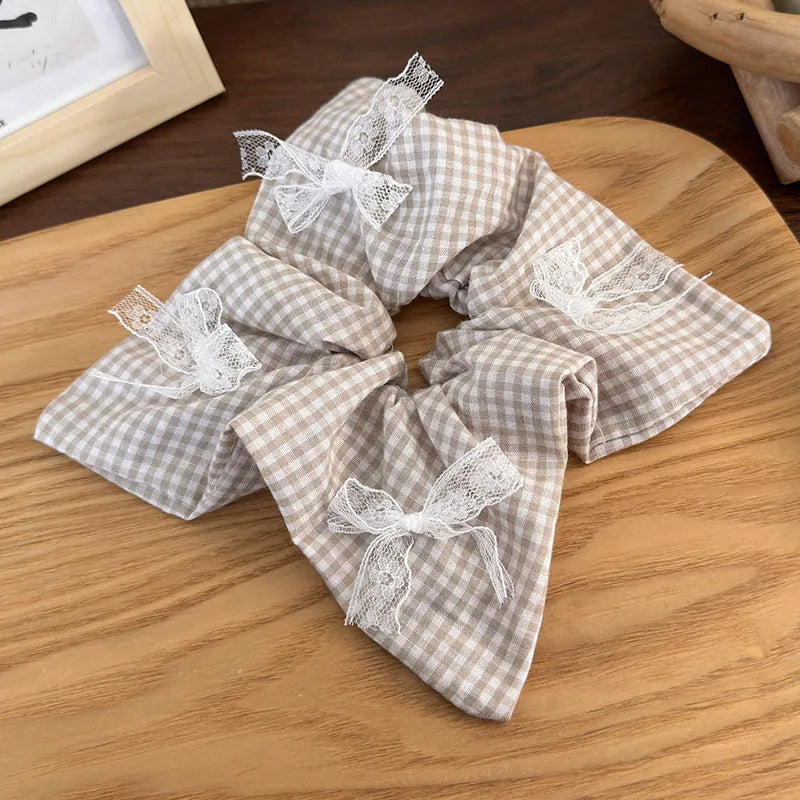 Women'S Romantic Pastoral Lattice Bow Knot Cloth Lace Hair Tie