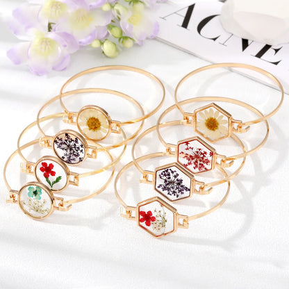 Simple Style Flowers Alloy Plating Resin Bangle