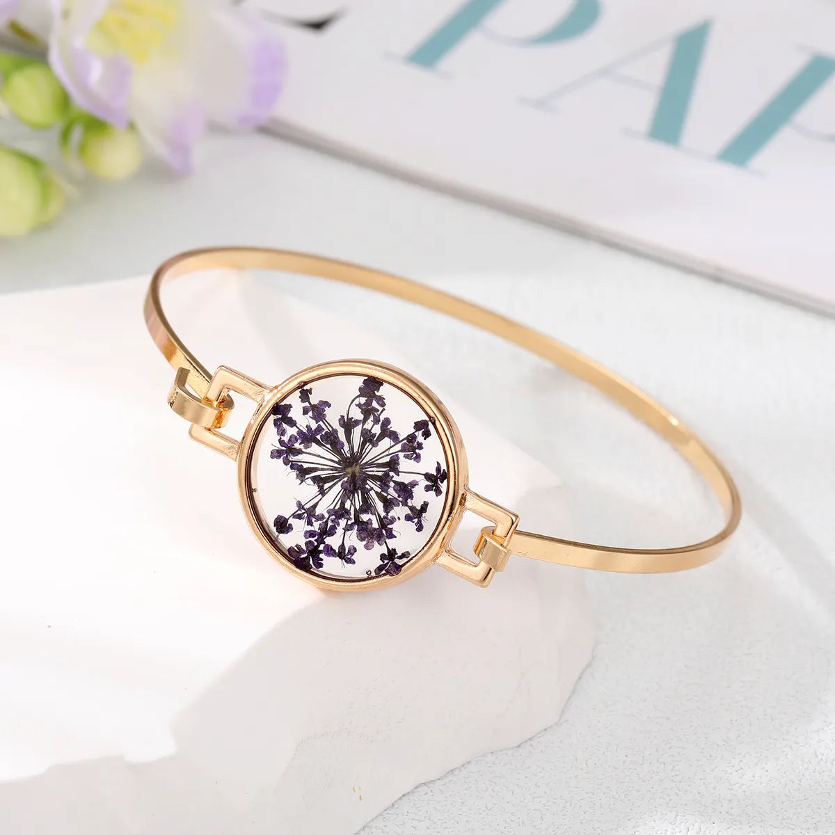 Simple Style Flowers Alloy Plating Resin Bangle