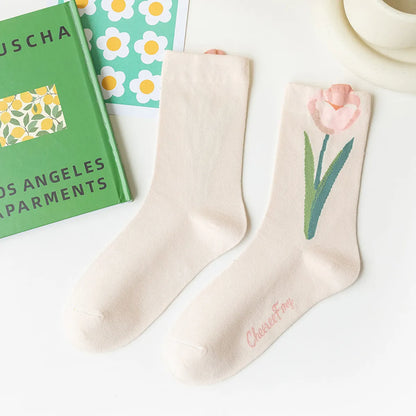 Women'S Sweet Flower Cotton Crew Socks A Pair