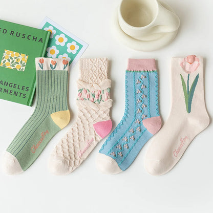 Women'S Sweet Flower Cotton Crew Socks A Pair