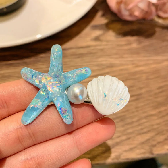 Women'S Sweet Korean Style Starfish Shell Plastic Inlay Artificial Pearls Hair Clip