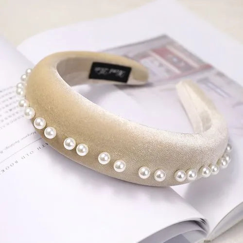 Women'S Sweet Simple Style Solid Color Cloth Inlay Pearl Hair Band