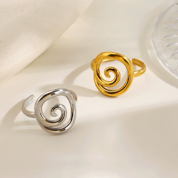 Women Stainless Steel Gold Electroplated Open Swirl Ring With Threaded Line Design And Geometric Light Luxury Style