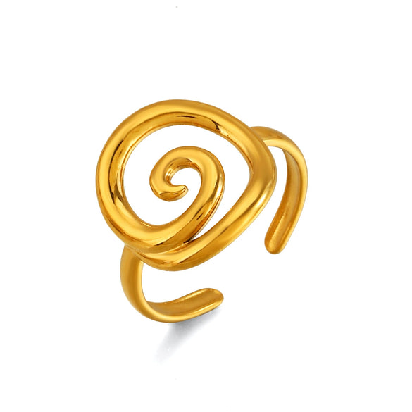 Women Stainless Steel Gold Electroplated Open Swirl Ring With Threaded Line Design And Geometric Light Luxury Style