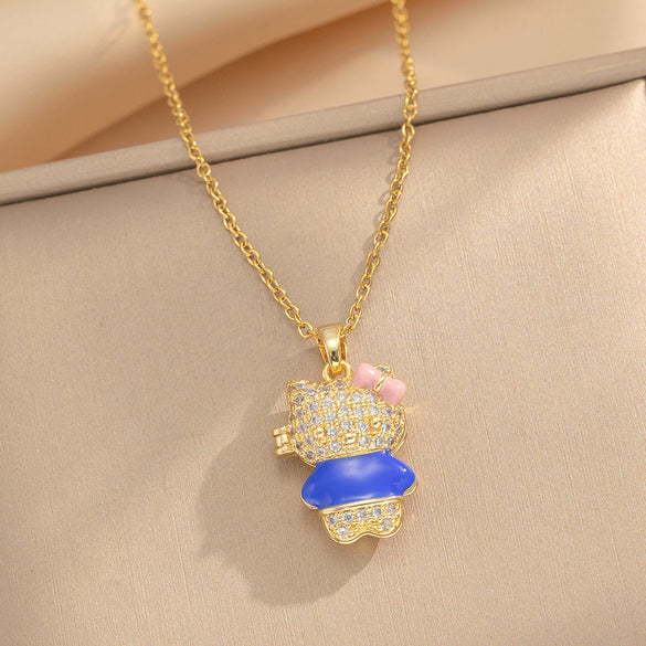 Women Sweet Cute Bear Pendant Necklace Titanium Steel Animal Pattern Cross Chain Set With Diamonds Electroplated In Vacuum Furnace