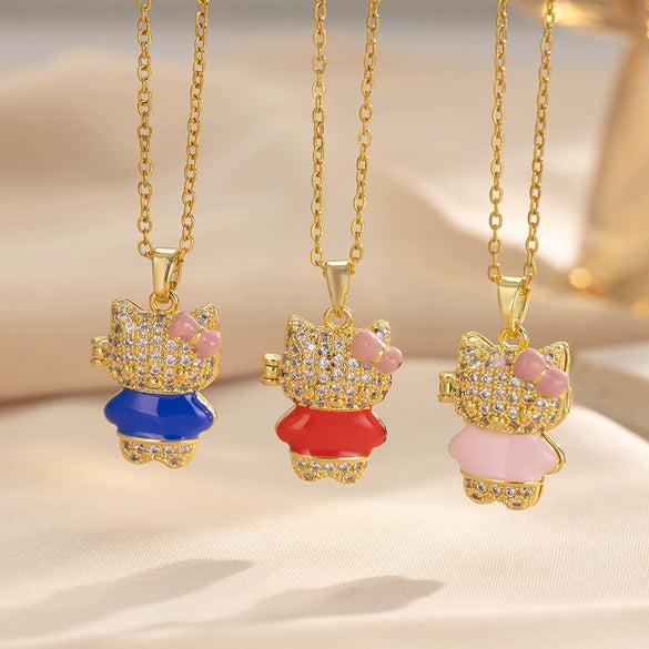 Women Sweet Cute Bear Pendant Necklace Titanium Steel Animal Pattern Cross Chain Set With Diamonds Electroplated In Vacuum Furnace