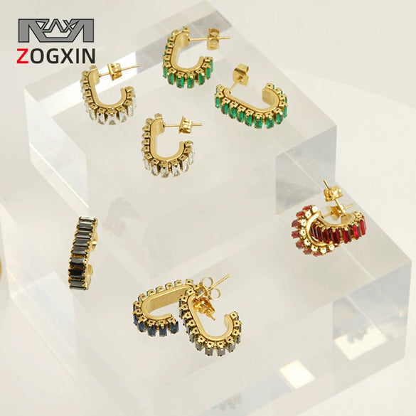 Women 316L Stainless Steel U Shaped Geometric Diamond Earrings With 18K Vacuum Plating And Electroplating Treatment