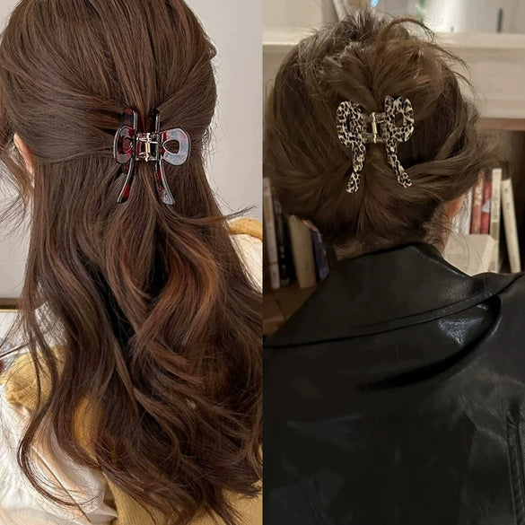 Women's Acetic Acid Hair Grab Clip With Red Plaid And Leopard Print Baking Paint Process