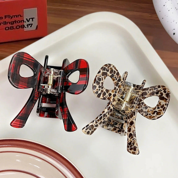 Women's Acetic Acid Hair Grab Clip With Red Plaid And Leopard Print Baking Paint Process