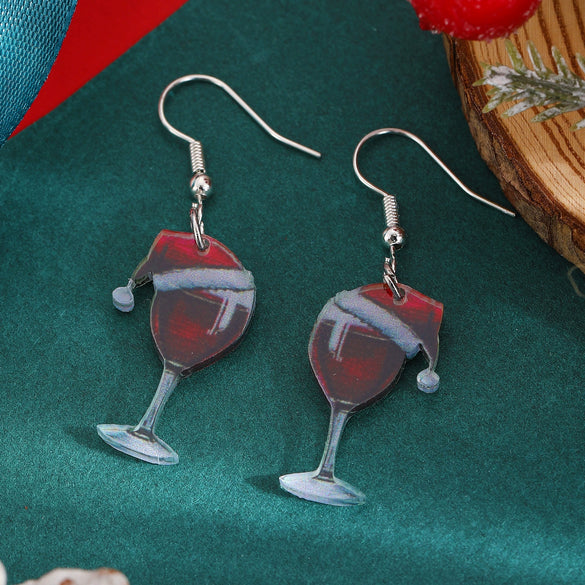 Women's Acrylic Christmas Hat And Wine Glass Pendant Earrings With Printed Festive Cartoon Design