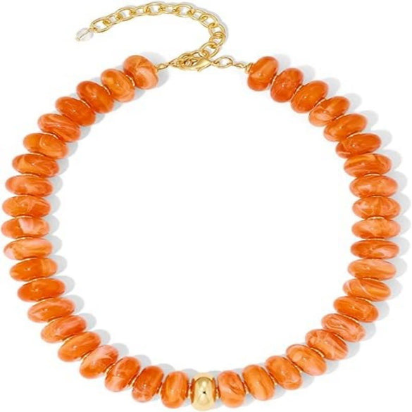 Women's Acrylic Geometric Bead Necklace With Stainless Steel Pendant Ball Chain And Handmade Beading Adjustable Choker
