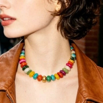 Women's Acrylic Geometric Bead Necklace With Stainless Steel Pendant Ball Chain And Handmade Beading Adjustable Choker