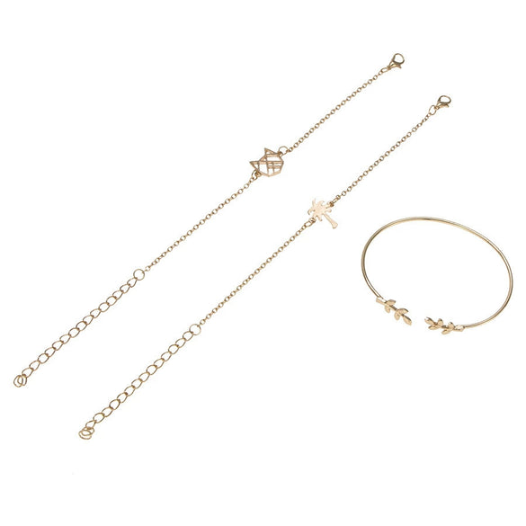 Women's Adjustable Alloy Bracelet Set With Leaf Coconut Tree And Cat Head Charms Gold Plated Electroplated With Artificial Gemstones