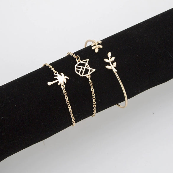 Women's Adjustable Alloy Bracelet Set With Leaf Coconut Tree And Cat Head Charms Gold Plated Electroplated With Artificial Gemstones