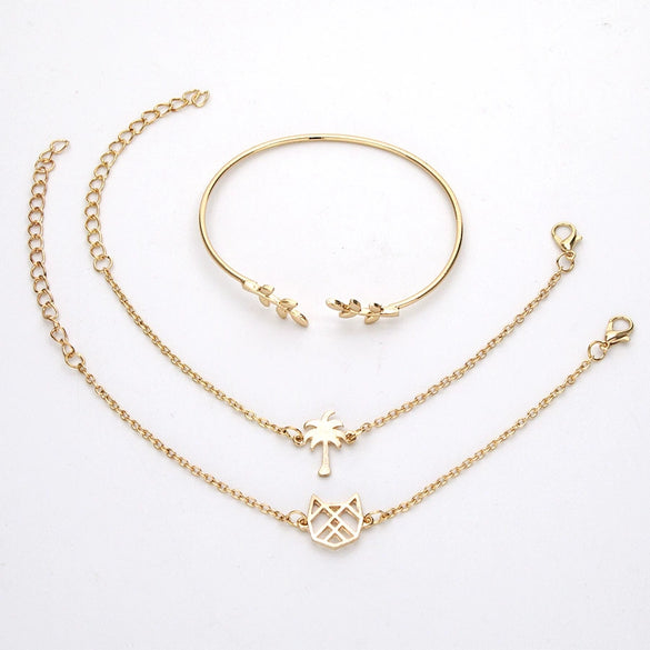 Women's Adjustable Alloy Bracelet Set With Leaf Coconut Tree And Cat Head Charms Gold Plated Electroplated With Artificial Gemstones
