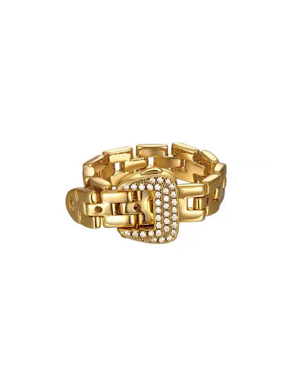 Women's Adjustable Brass Fashion Ring With Soft Chain And Rhinestone Belt Buckle Design