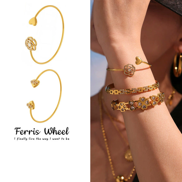 Women's Adjustable Ferris Wheel Open Bracelet With Full Diamond Zircon Flower Stainless Steel Electroplated Design
