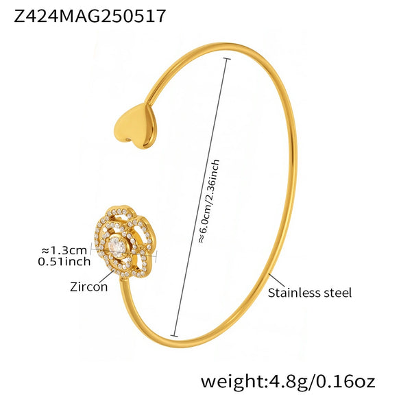 Women's Adjustable Ferris Wheel Open Bracelet With Full Diamond Zircon Flower Stainless Steel Electroplated Design