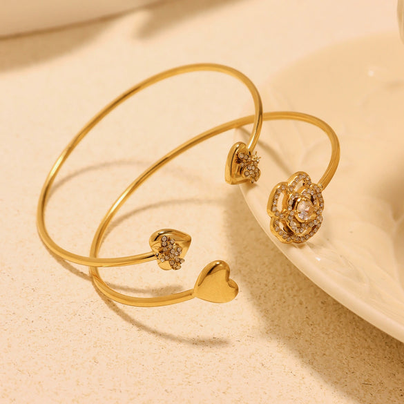 Women's Adjustable Ferris Wheel Open Bracelet With Full Diamond Zircon Flower Stainless Steel Electroplated Design