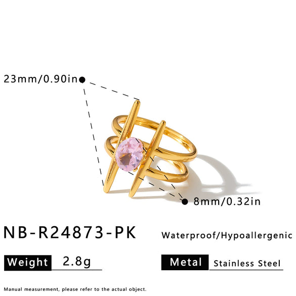 Women's Adjustable Geometric Stainless Steel Ring With Zircon Accents And 18K Vacuum Electroplated Finish