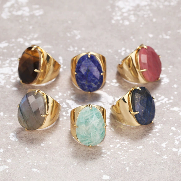 Women's Adjustable Natural Stone Ring Agate Gold Plated Geometric Style Jewelry