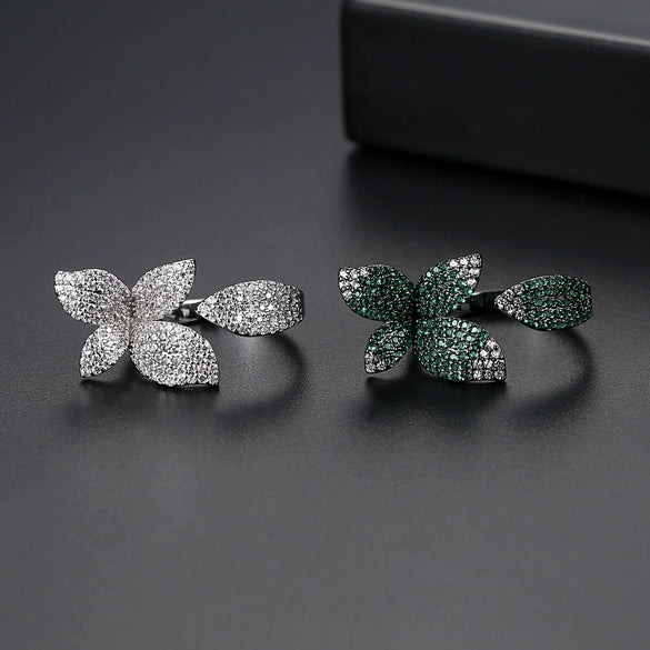 Women's Adjustable Open Ring With Four Leaf Clover Flower Design Electroplated Copper And Micro Inlaid Zircon Fashion Jewelry