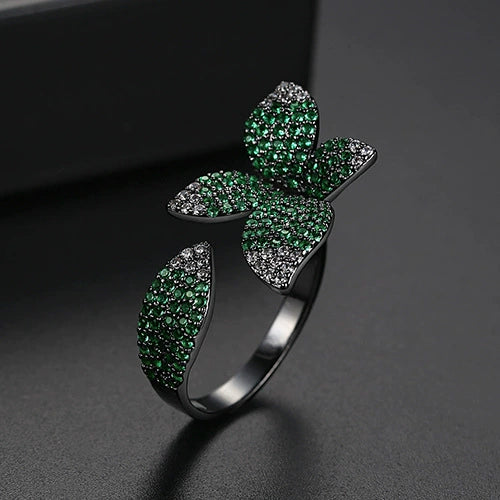 Women's Adjustable Open Ring With Four Leaf Clover Flower Design Electroplated Copper And Micro Inlaid Zircon Fashion Jewelry