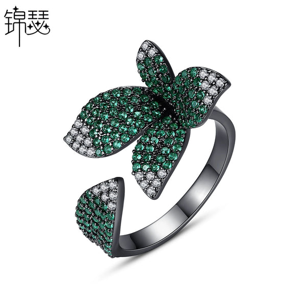 Women's Adjustable Open Ring With Four Leaf Clover Flower Design Electroplated Copper And Micro Inlaid Zircon Fashion Jewelry