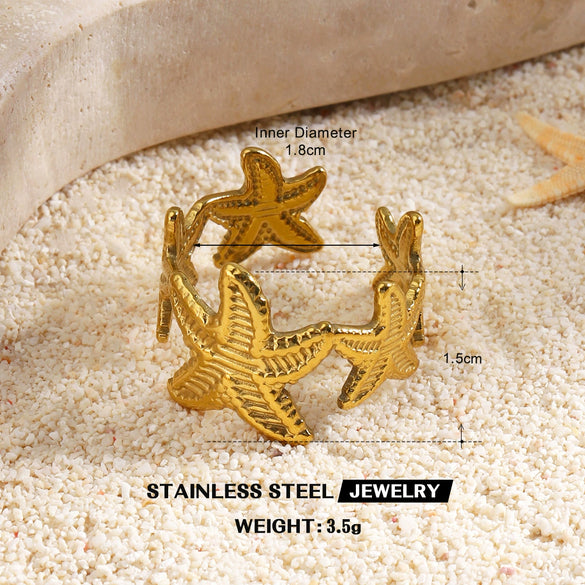 Women's Adjustable Open Stainless Steel Ring With 18K Gold Finish Hollow Starfish And Shell Design Minimalist Style