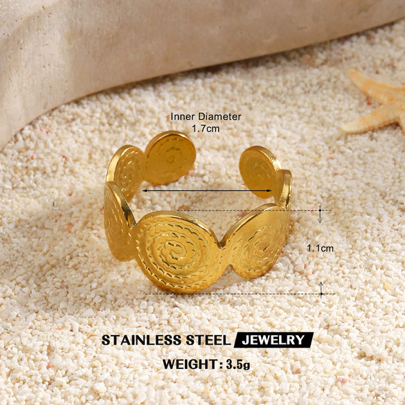 Women's Adjustable Open Stainless Steel Ring With 18K Gold Finish Hollow Starfish And Shell Design Minimalist Style