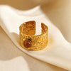 Women's Adjustable Open Stainless Steel Ring With Natural Stone Line Design And Electroplated Geometric Style