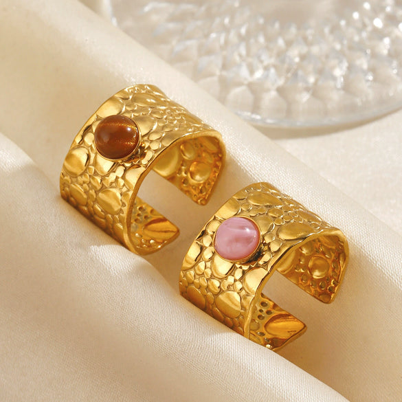 Women's Adjustable Open Stainless Steel Ring With Natural Stone Line Design And Electroplated Geometric Style