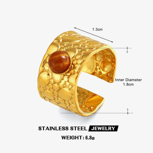 Women's Adjustable Open Stainless Steel Ring With Natural Stone Line Design And Electroplated Geometric Style
