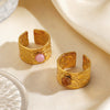 Women's Adjustable Open Stainless Steel Ring With Natural Stone Line Design And Electroplated Geometric Style