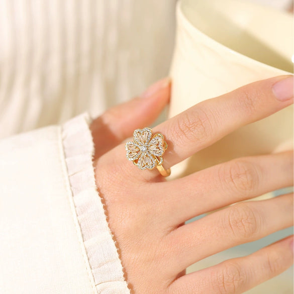 Women's Adjustable Opening Rotating Ring Copper Flower Design Electroplated Light Luxury Accessories