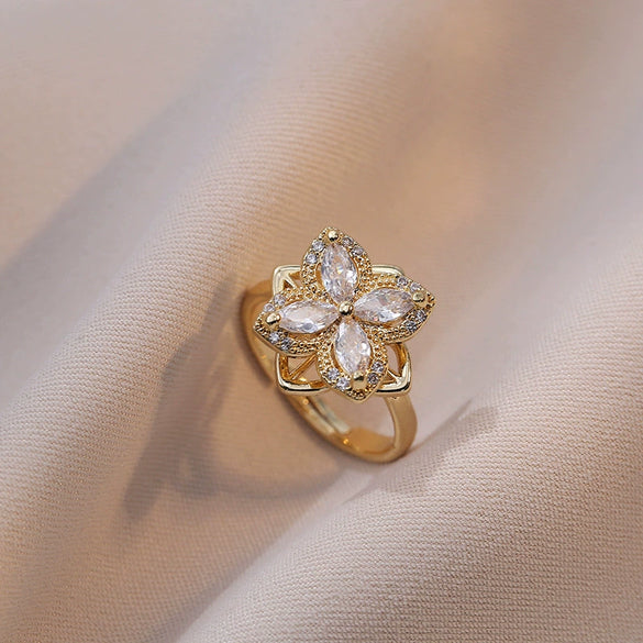 Women's Adjustable Opening Rotating Ring Copper Flower Design Electroplated Light Luxury Accessories