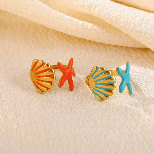 Women's Adjustable Stainless Steel Open Ring With Enamel Starfish And Seashell Details