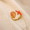 Women's Adjustable Stainless Steel Open Ring With Enamel Starfish And Seashell Details