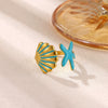 Women's Adjustable Stainless Steel Open Ring With Enamel Starfish And Seashell Details